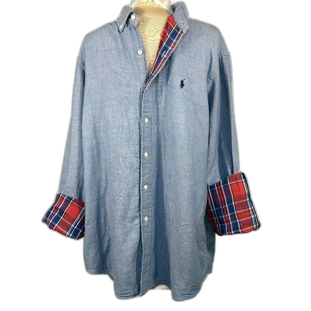 Polo Ralph Lauren Mens XL Chambray Shirt Blue Plaid Trim Pony 100% Cotton